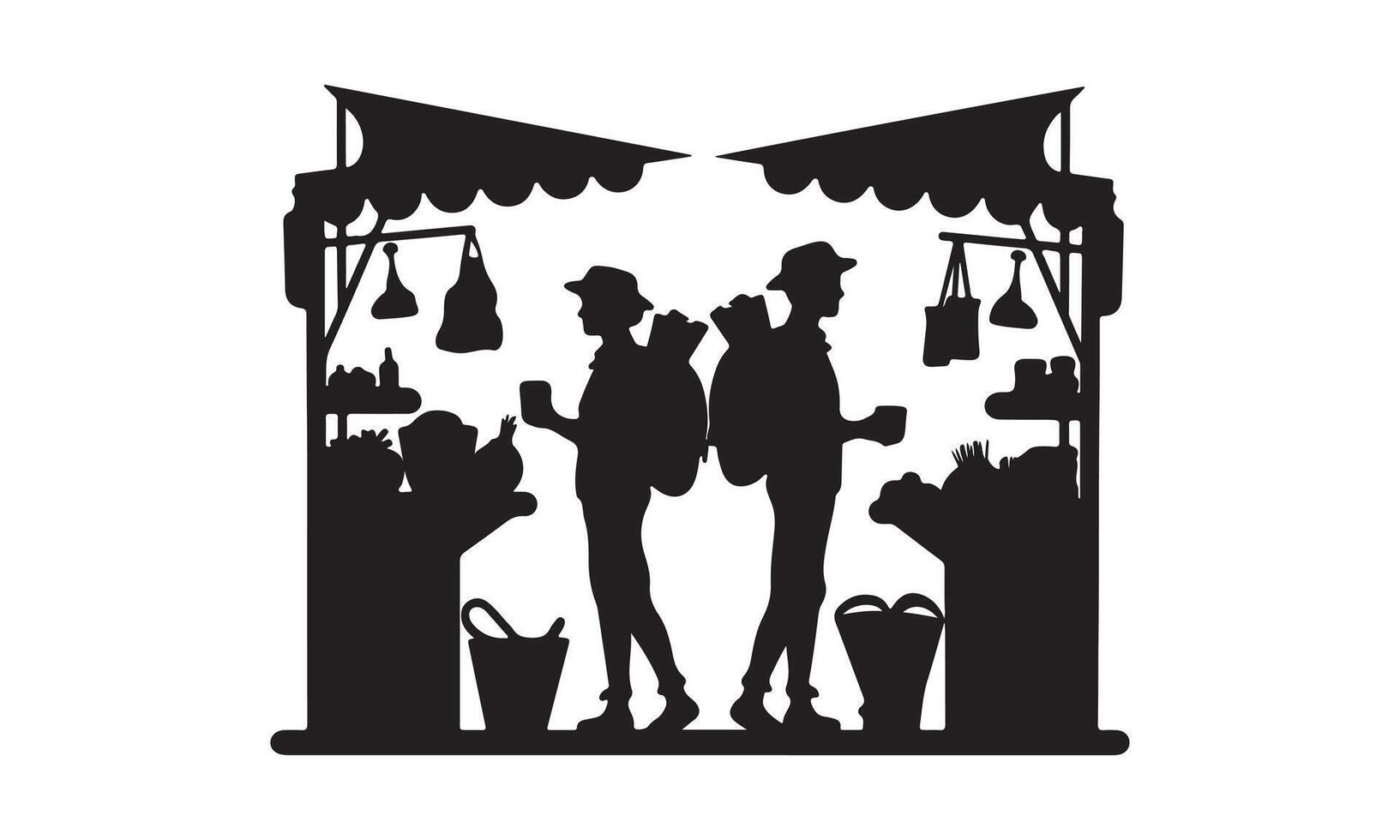 Hikers purchasing goods at a market stall vector
