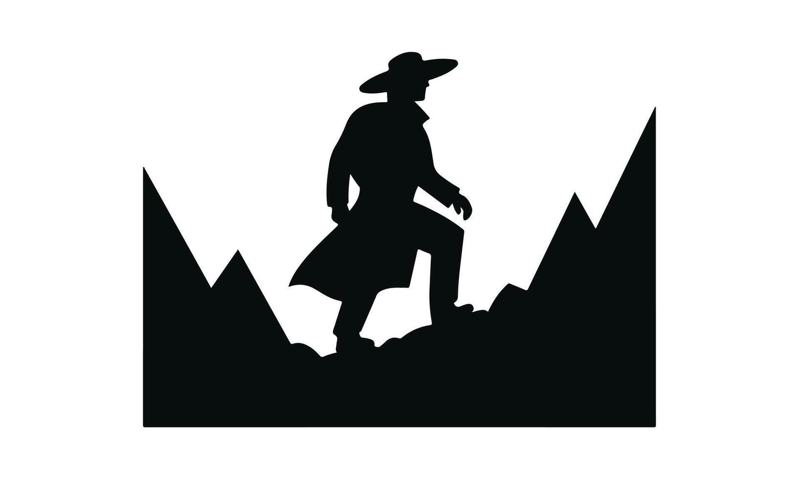 Man in hat ascending mountain silhouette vector