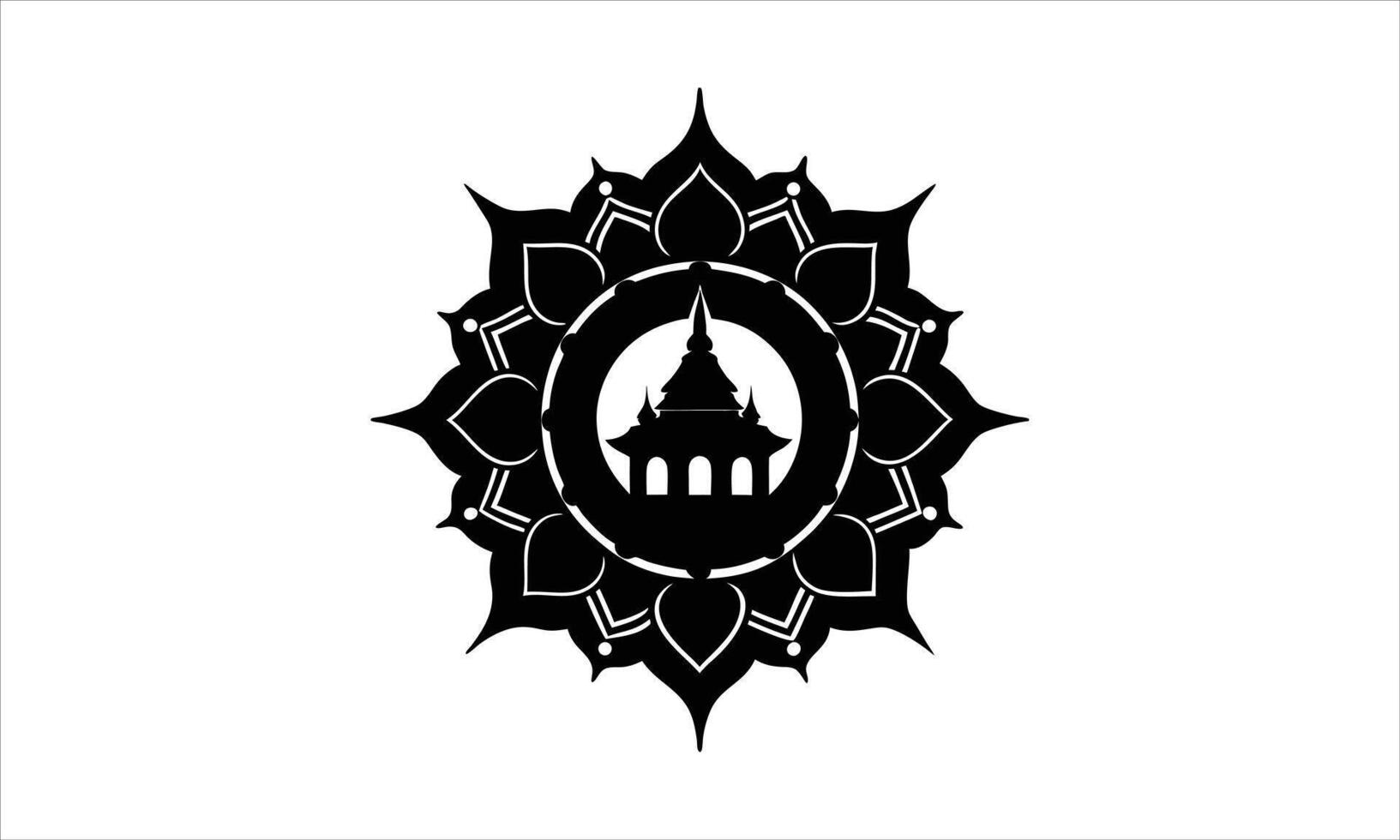 Mandala design featuring a black silhouette temple vector
