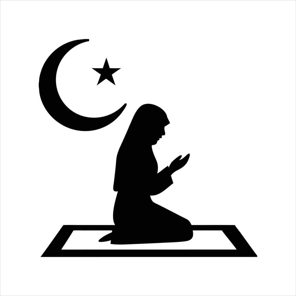 Muslim woman praying silhouette moon star vector