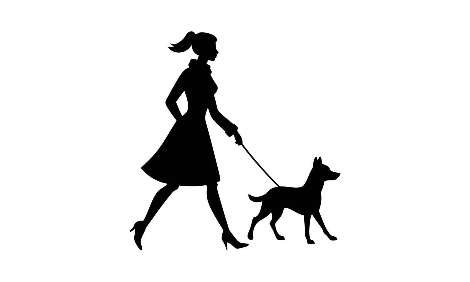 Woman walking dog silhouette elegant fashionable pet vector