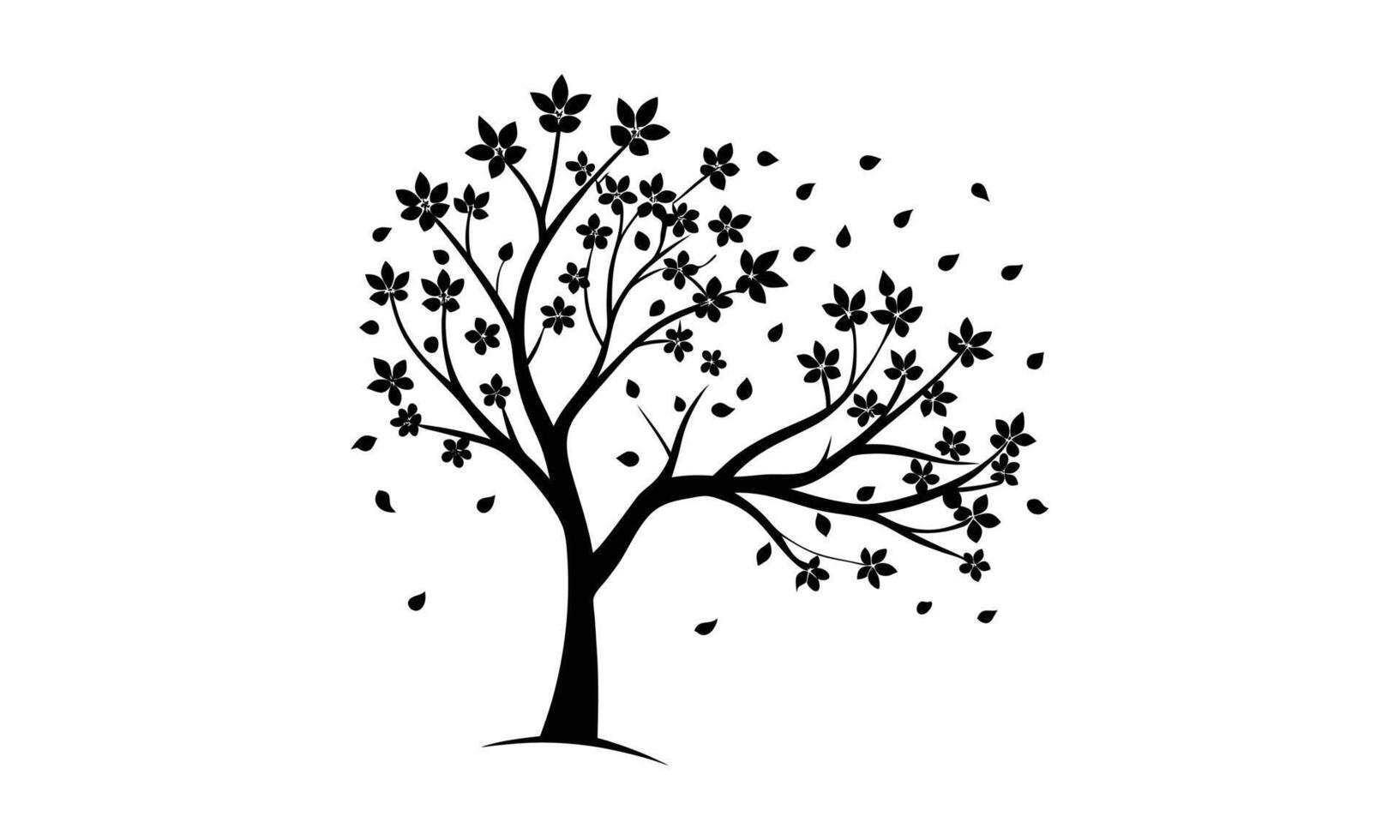 Elegant black silhouette tree spring blossoms falling leaves vector