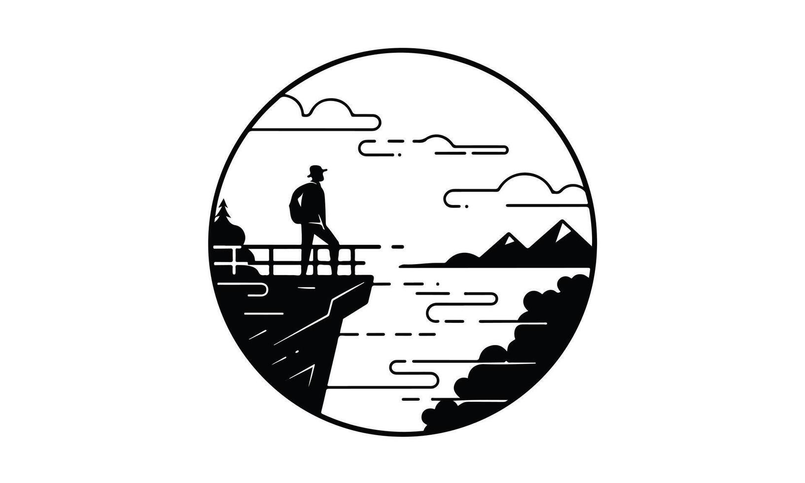Adventurer on clifftop overlooking serene lake and mountains vector