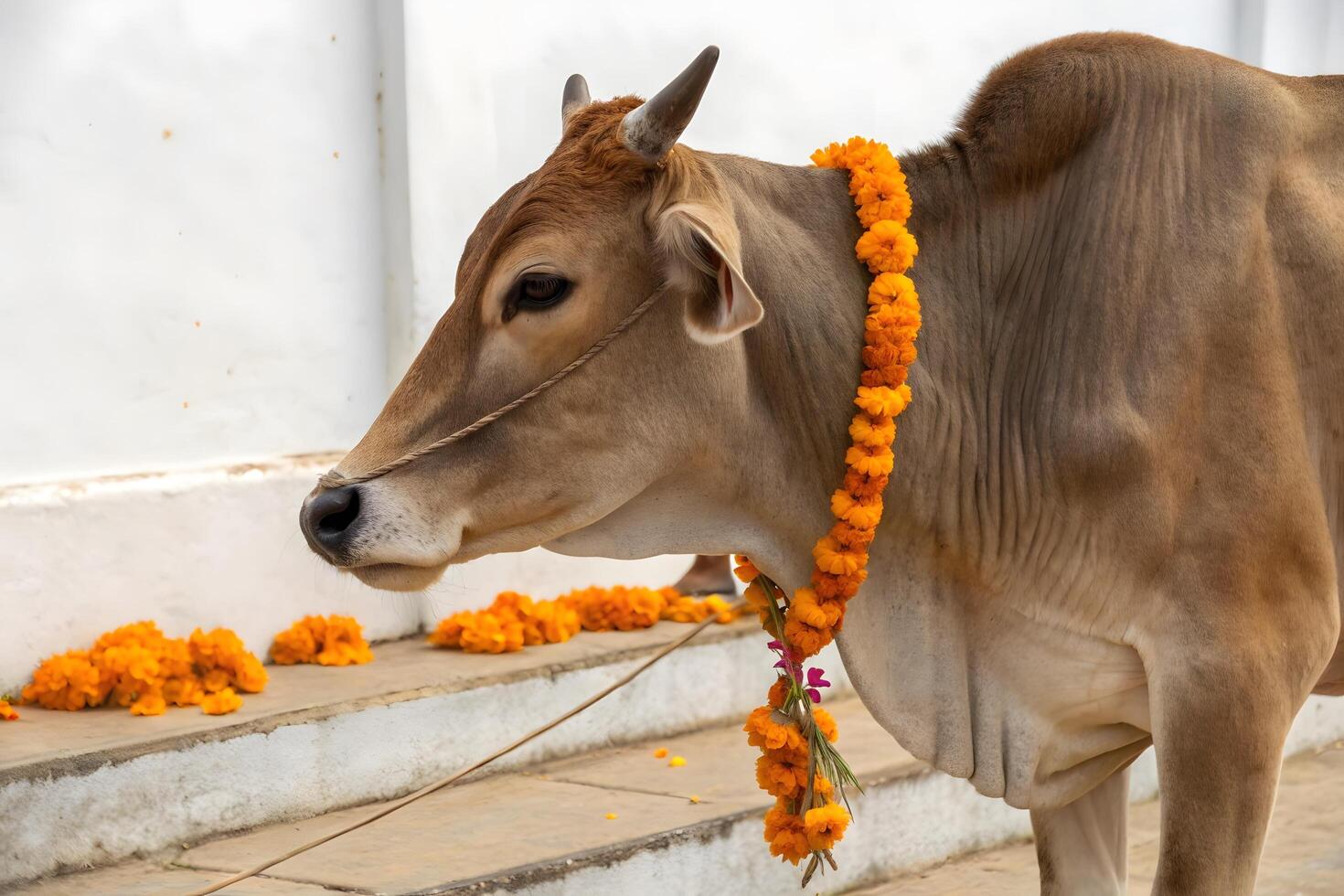 Brown cow adorned with marigold garland photo