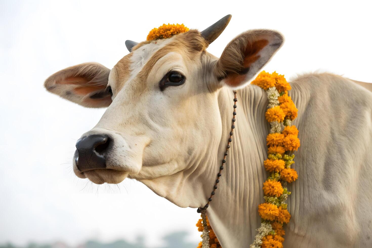 Closeup of adorned white cow with marigold flowers photo