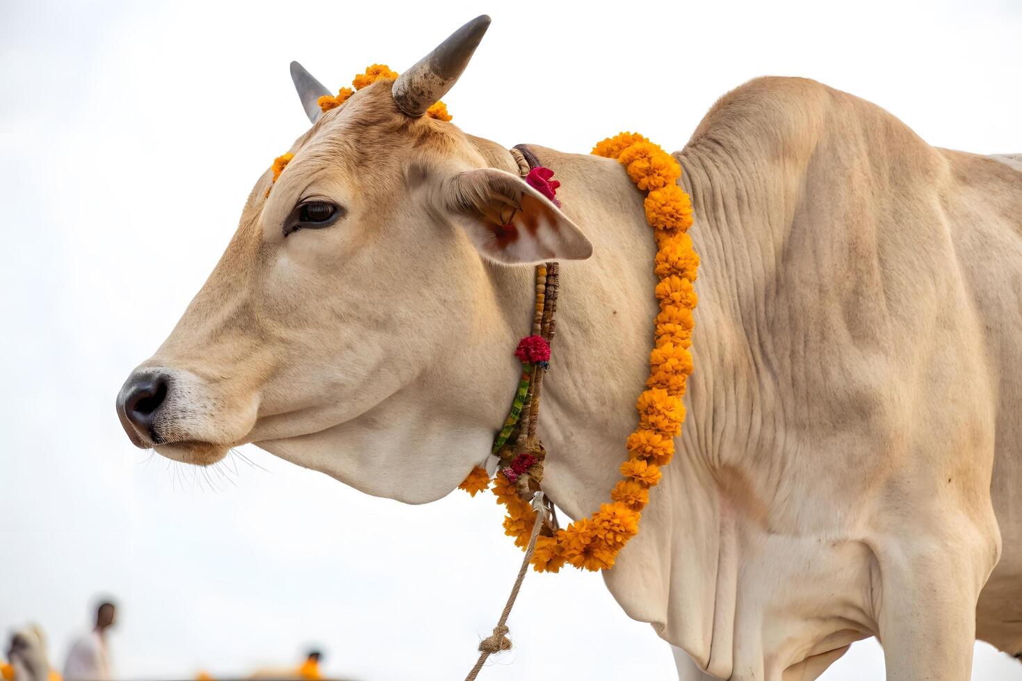 Adorned light brown cow with marigold garland photo