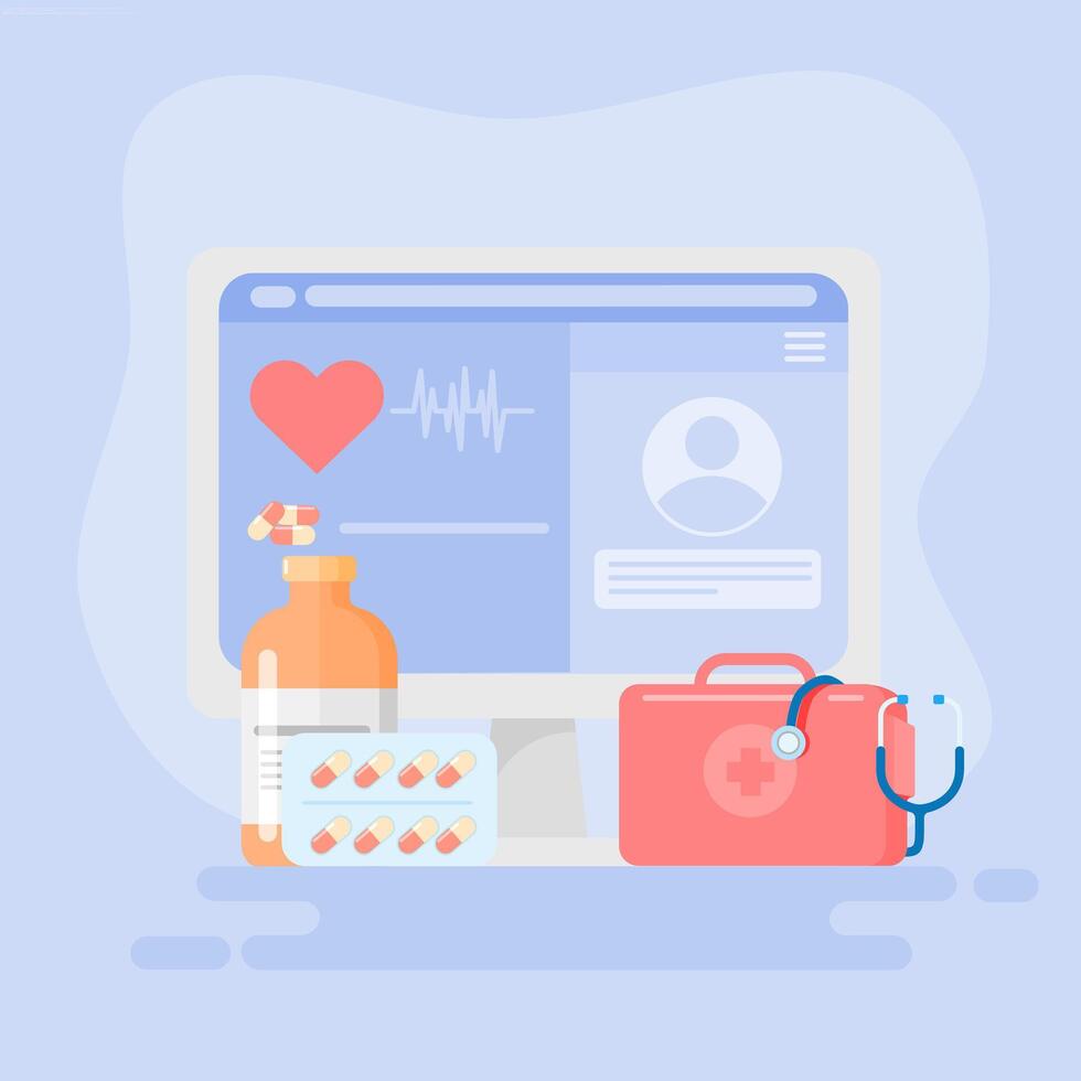 A computer screen with a heart and a medical device vector