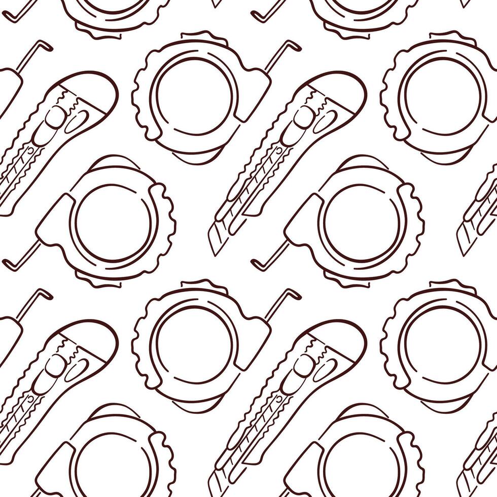 Seamless pattern with utility knife and measuring tape in line art style on white background. Perfect for construction store packaging, tool themed print and hardware shop branding. vector