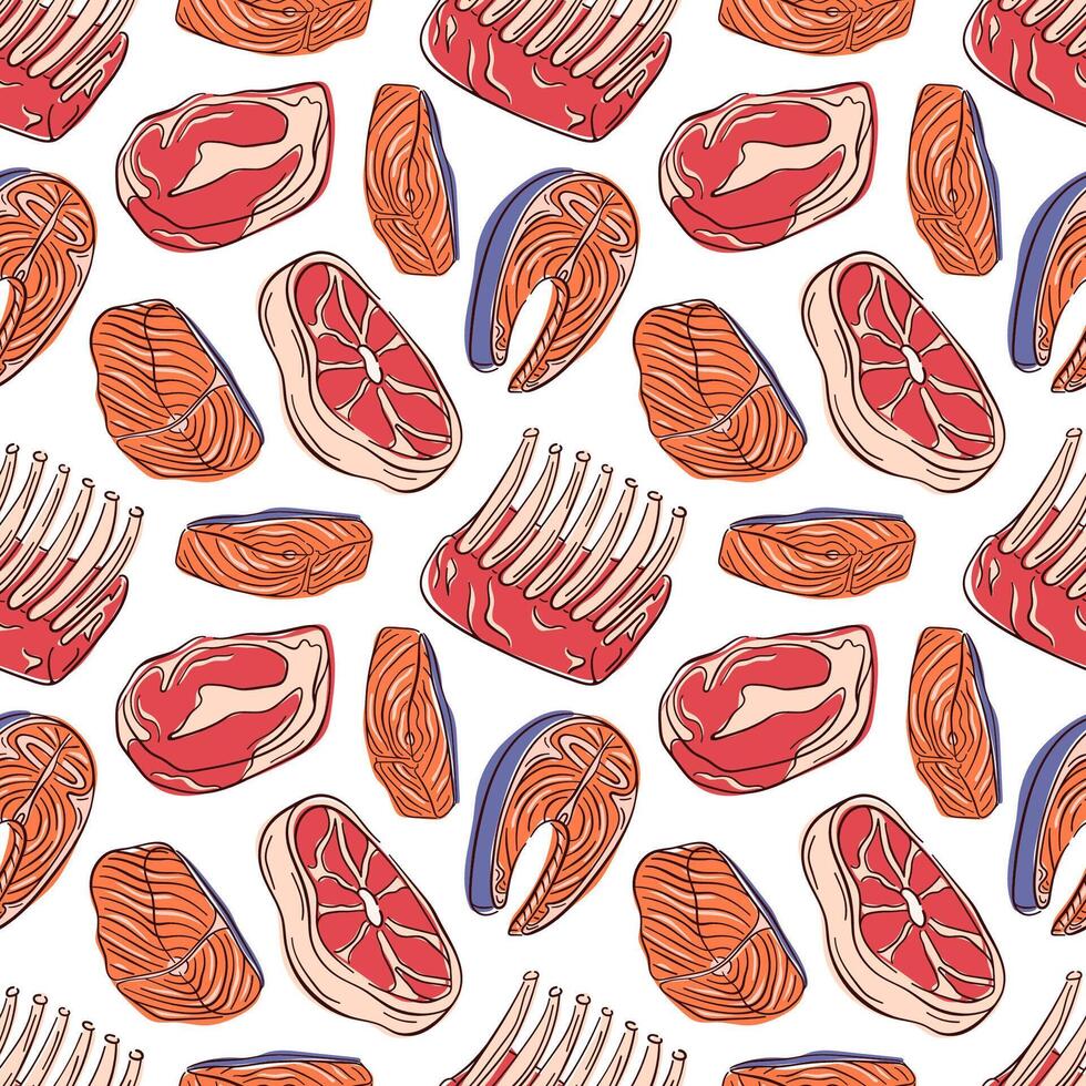 Seamless pattern with flat pieces of meat and fish, steak, ribs and salmon on white background. Perfect for packaging, kitchen wallpaper design or culinary theme. vector