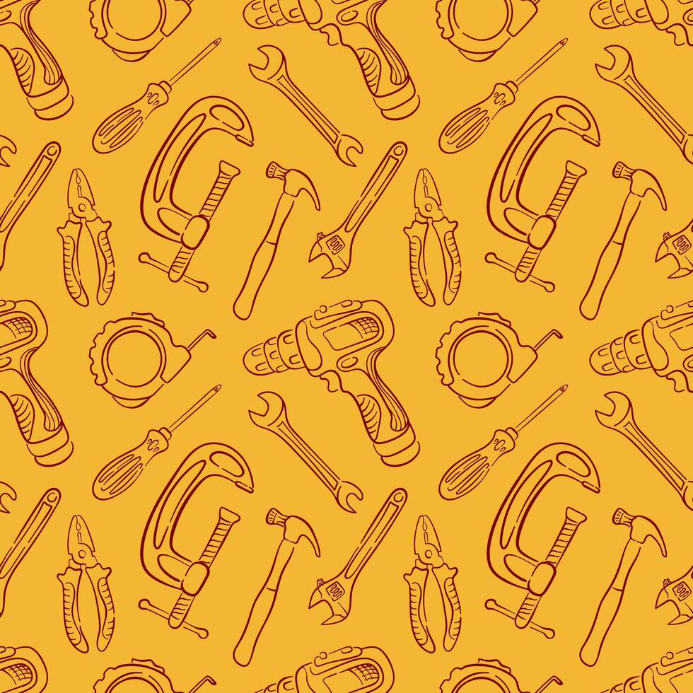 Seamless pattern with line art style tools, drill, hammer, pliers wrench and screwdriver on yellow background. Perfect for construction repair site, hardware store, market and industrial design. vector