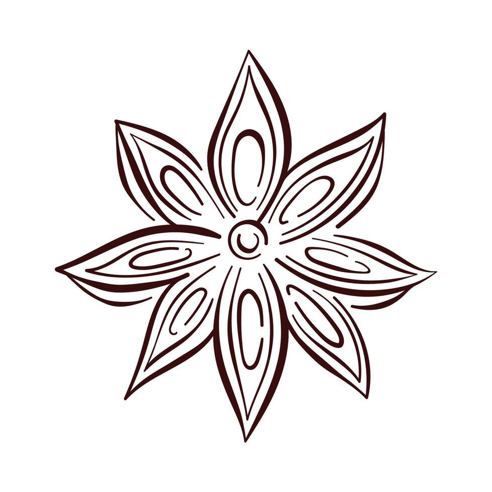 Star anise spice with petal segment in line art style. Perfect for culinary design, food packaging, herbal product decoration and botanical illustration. vector