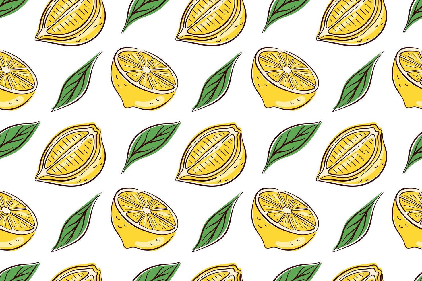 Seamless pattern with flat lemon and green leaves on white background. Perfect for summer packaging, citrus theme, textile, kitchen decor and fresh fruit design. vector