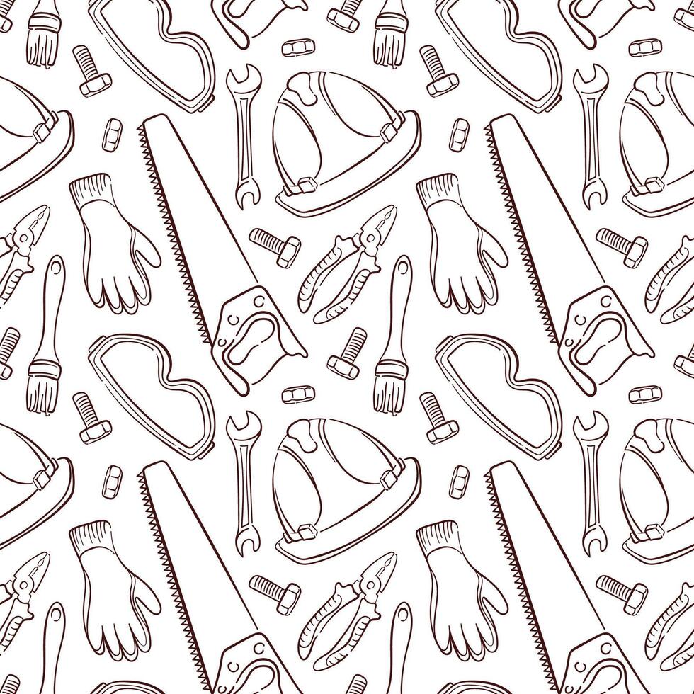 Seamless pattern with line art style repair tools like gloves, saw, pliers, wrench, helmet, brush, bolts and goggles isolated on a white background. Design for construction industry. vector