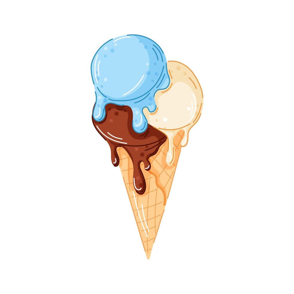 Cartoon style illustration of triple melting scoop ice cream cone with chocolate, blueberry or mint and vanilla flavor. Perfect for dessert cafe, summer menu, sweets design project. vector