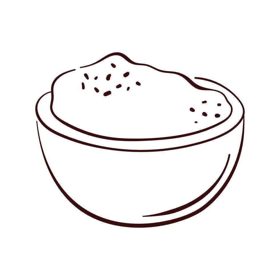 Bowl filled with ground cinnamon in line art style. Perfect for spice packaging, culinary illustration, recipe book and kitchen decor. vector