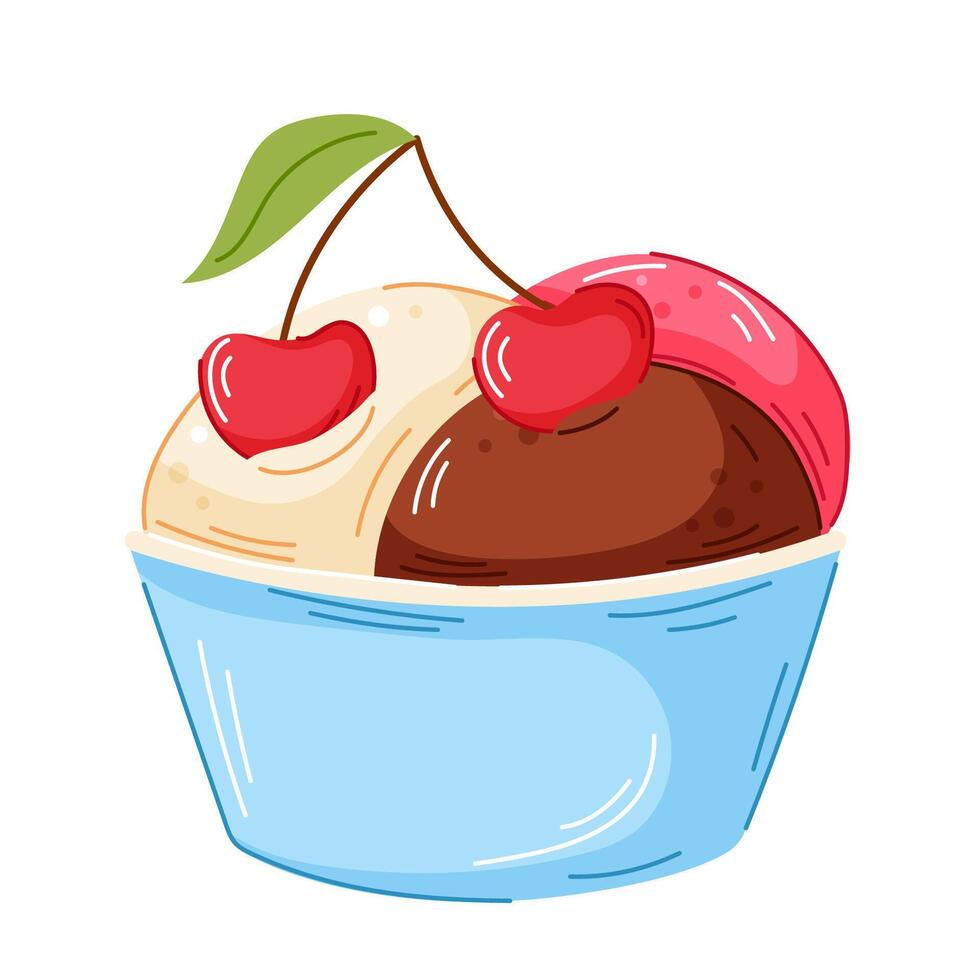 Colorful ice cream in blue bowl with vanilla, chocolate and strawberry scoop topped with cherry and leaf in cartoon style. Perfect for cafe menu, logo and packaging food design. vector