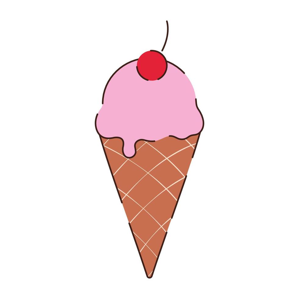 Pink ice cream in a brown waffle cone with a cherry on a white background. The food icon. vector