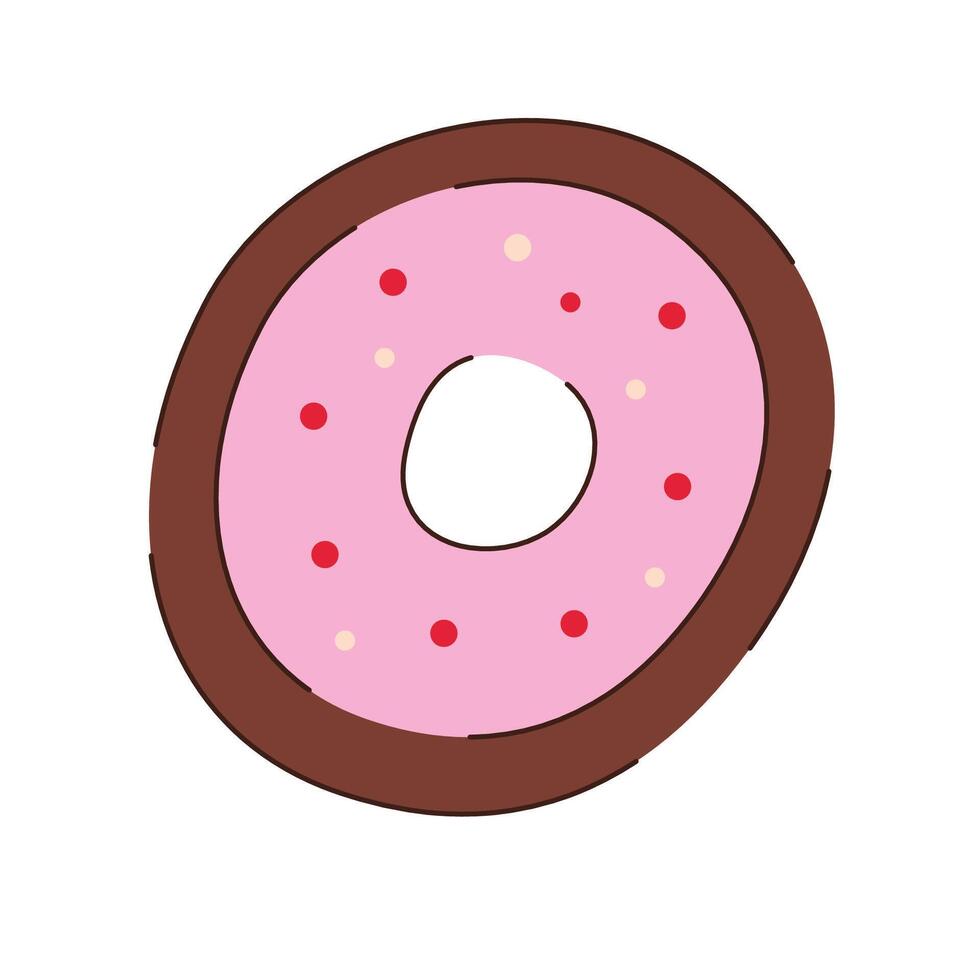 A cute brown sweet donut with pink icing and red and beige sprinkles. vector
