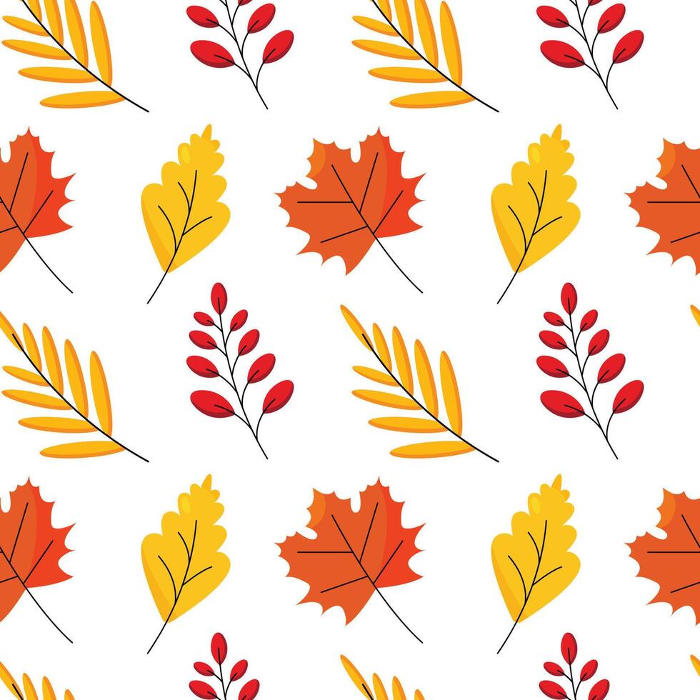 Seamless pattern of autumn foliage, bright maple leaves in orange, yellow and red tones and clusters of red berries for fabric or wallpaper decoration. vector