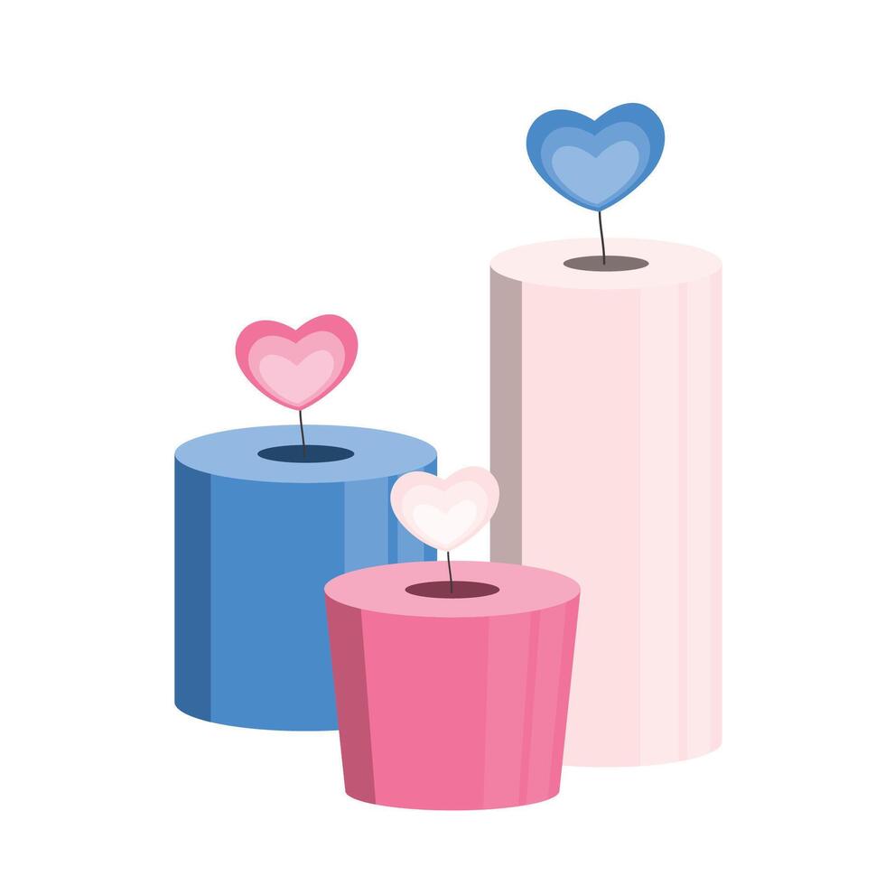 A set of decorative candles with a flame in the shape of a heart. All the elements are made in soft pastel colors with a minimalistic design. vector