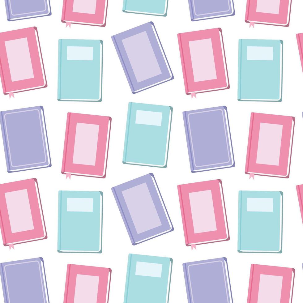 Seamless repeating pattern of stylized books with covers in pastel colors pink, blue, purple and mint. vector