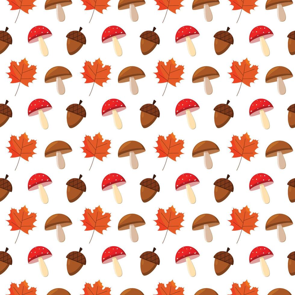 Seamless pattern, bright orange maple leaves, brown acorns and mushrooms in an autumn style. vector