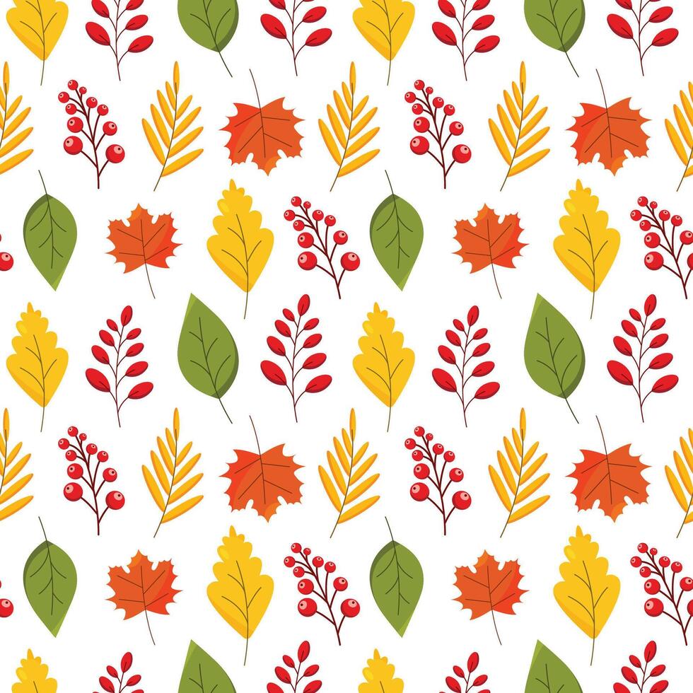 Seamless pattern of autumn foliage, bright maple leaves in orange, yellow and red tones and clusters of red berries on a white background. vector