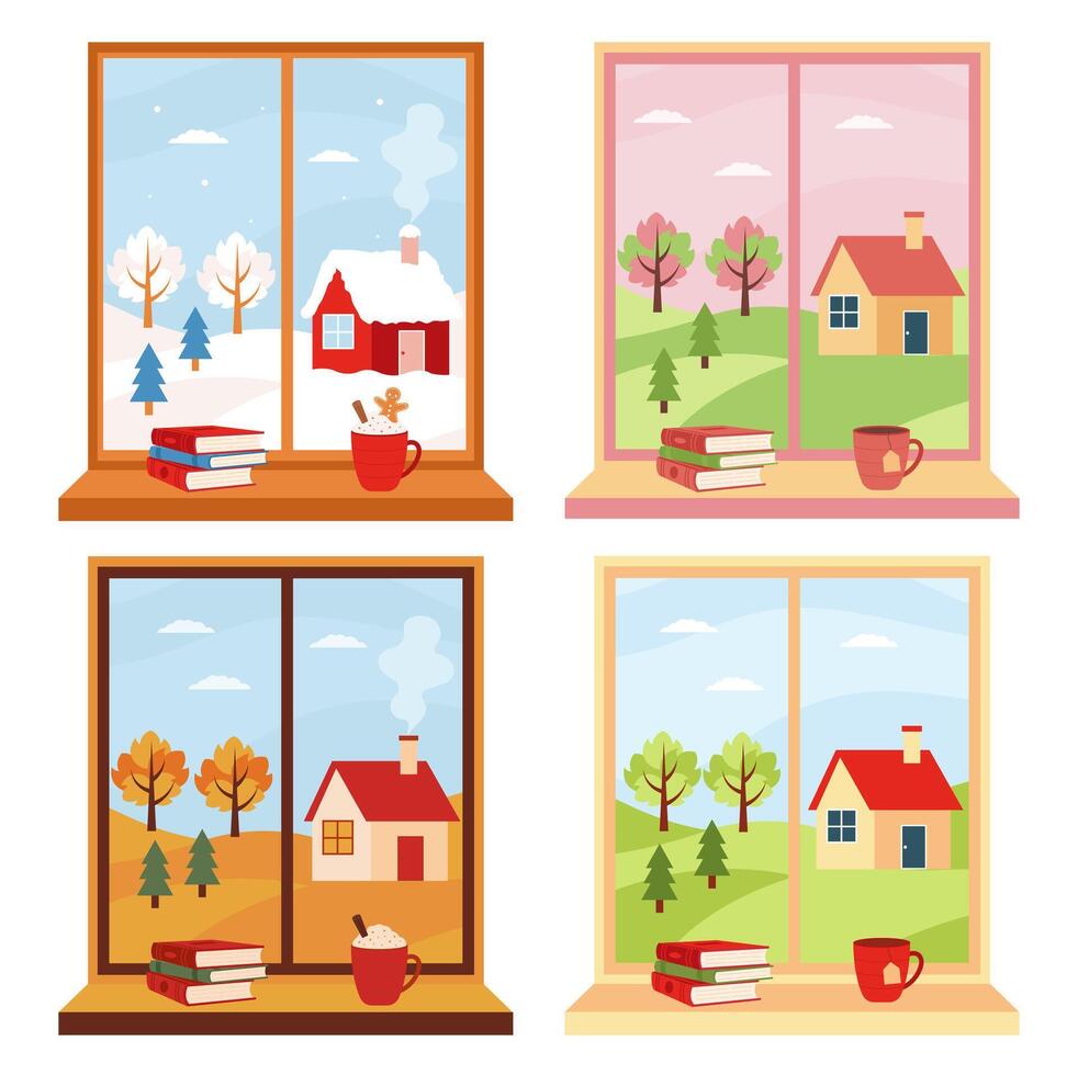 Window season set. Four season with landscape and on the sill a book and cup. Window with winter, spring, summer and autumn season. vector