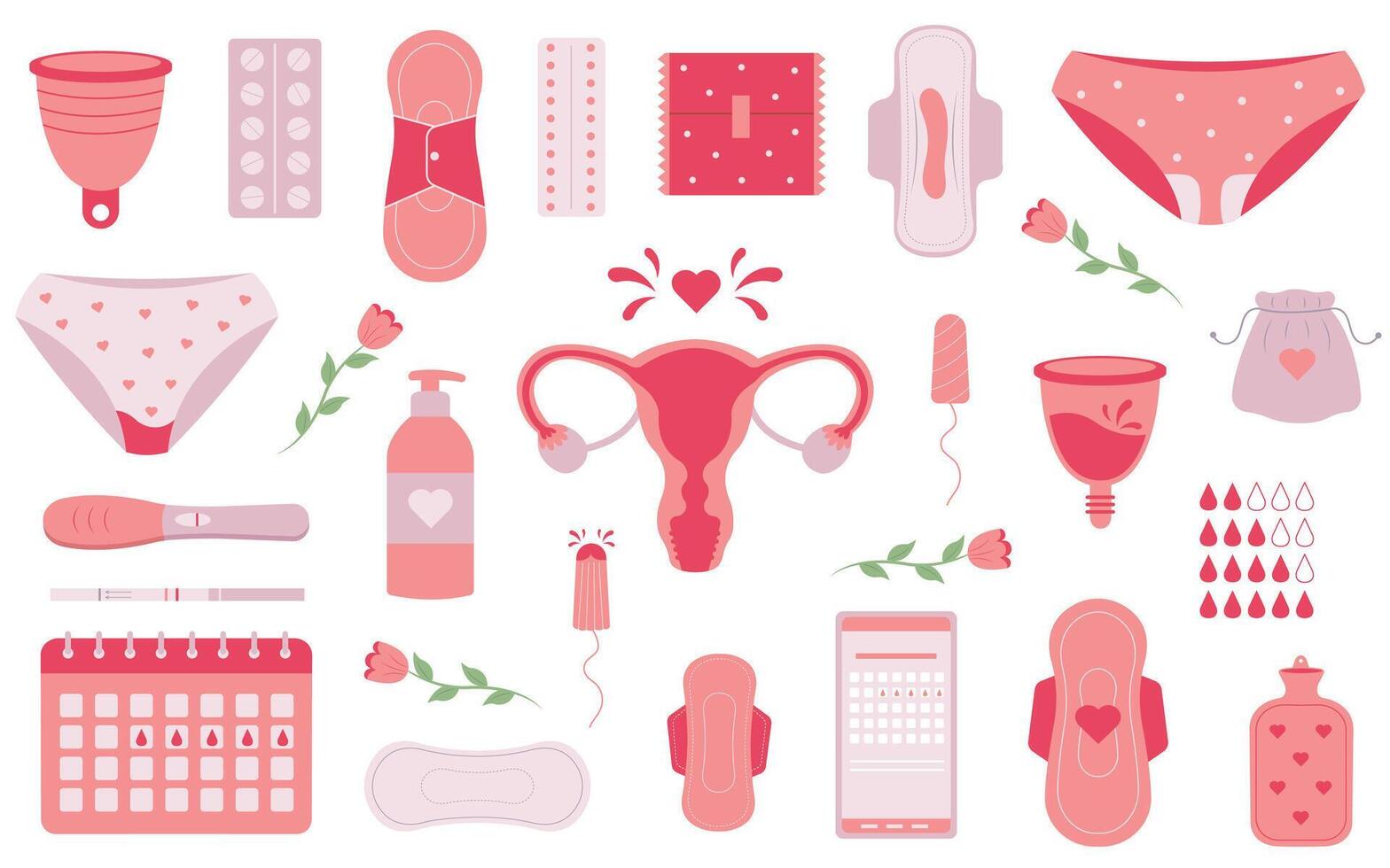 Menstruation first period. Set of menstrual accessories. Female regular menstrual cycle. vector