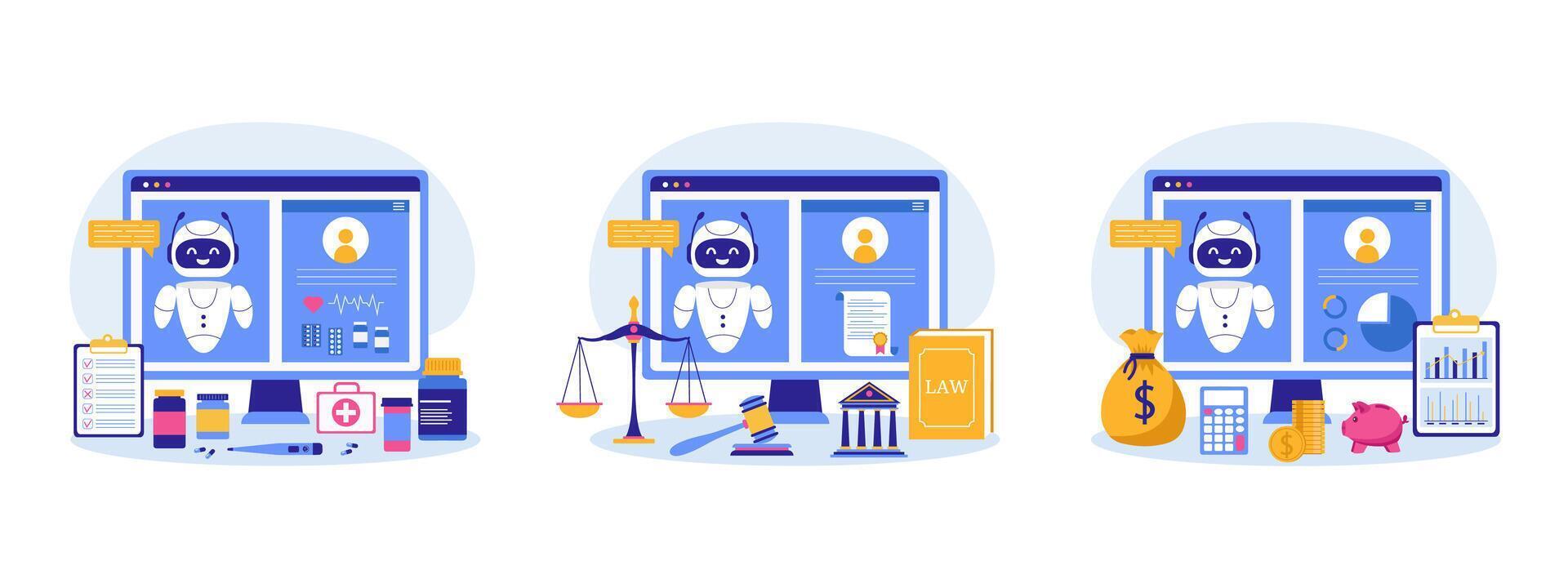 AI technology in medical, legal and finance advices. Medical, legal and finance illustrations with Artificial intelligence. vector