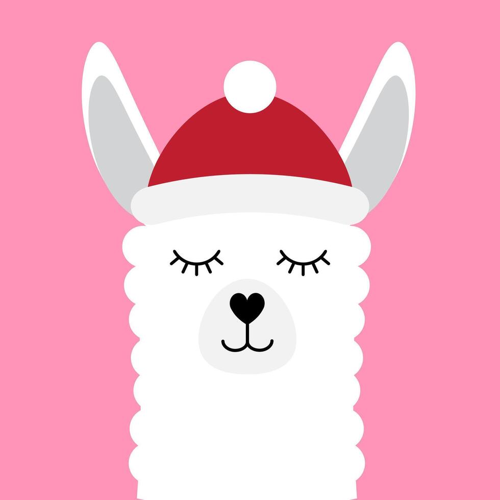Flat cartoon llama in winter hat and scarf isolated on pink background vector