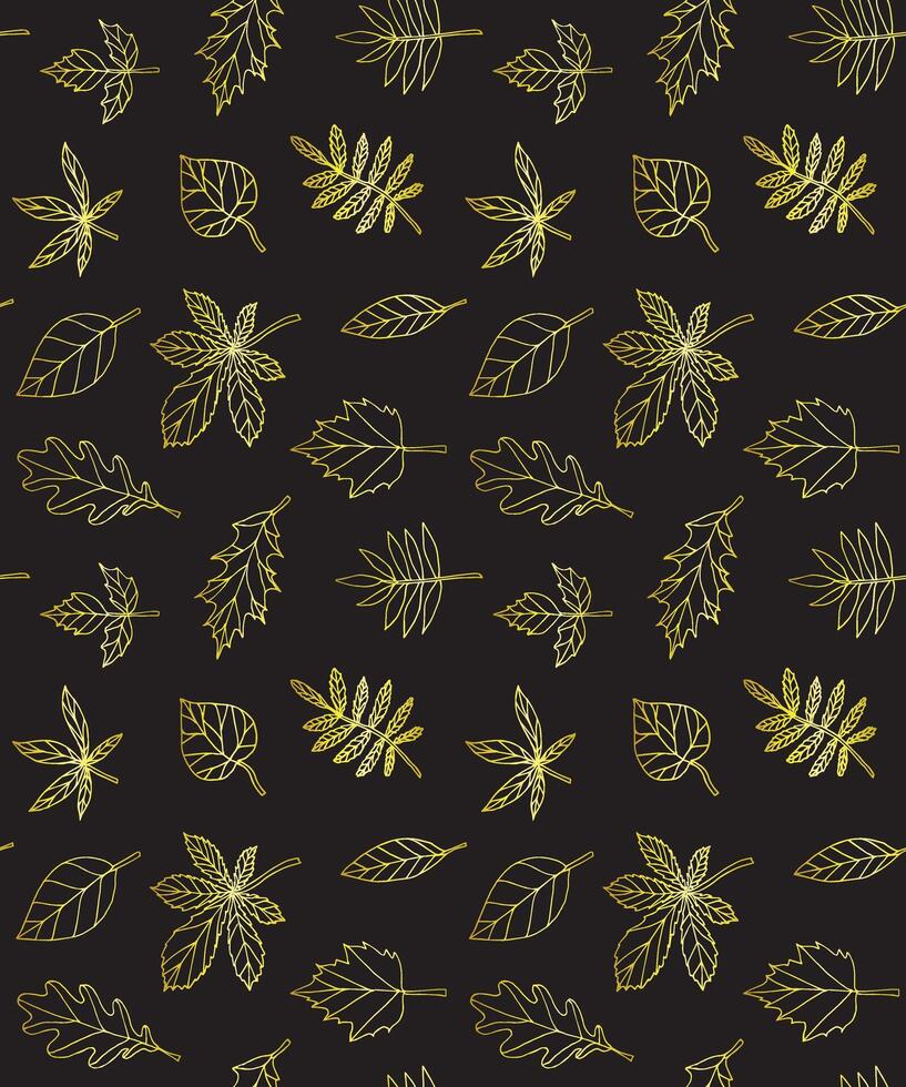 Seamless pattern of golden hand drawn doodle sketch leaf silhouette isolated on black background vector