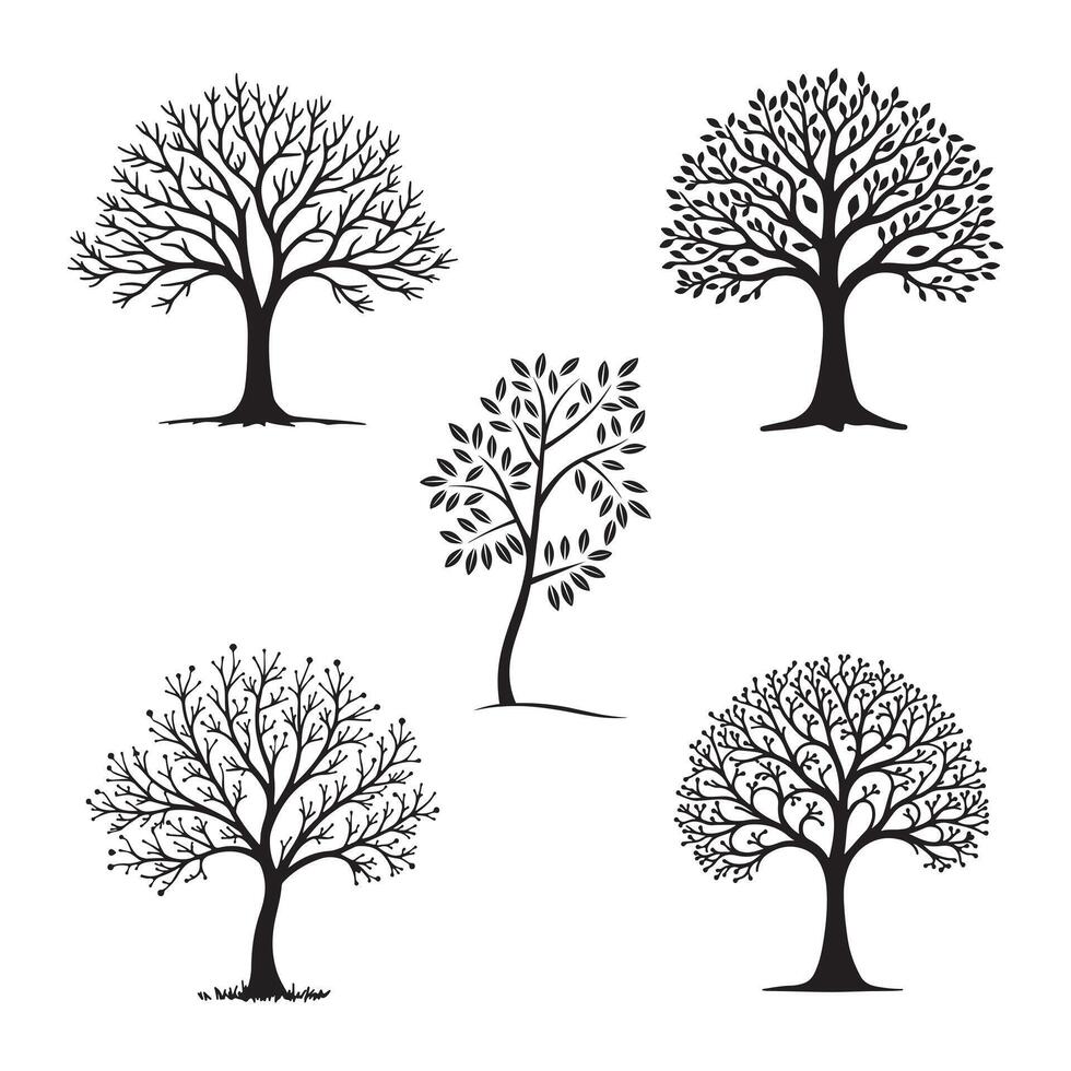 Five silhouette of family trees with varying leaf patterns isolated on white background vector