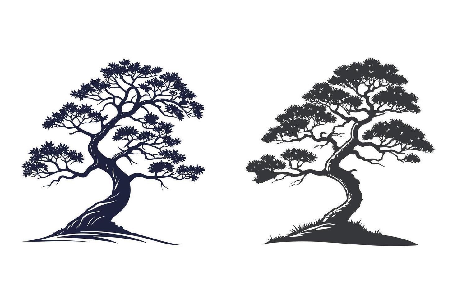 Two stylized bonsai trees, isolated on white background, with intricate branch patterns vector