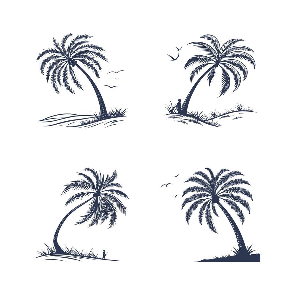Silhouetted palm trees on beach island with figures and birds isolated on white background vector