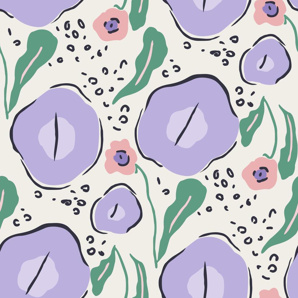 Whimsical abstract bold botanical design, Seamless hand drawn funky floral pattern for textile, digital paper vector