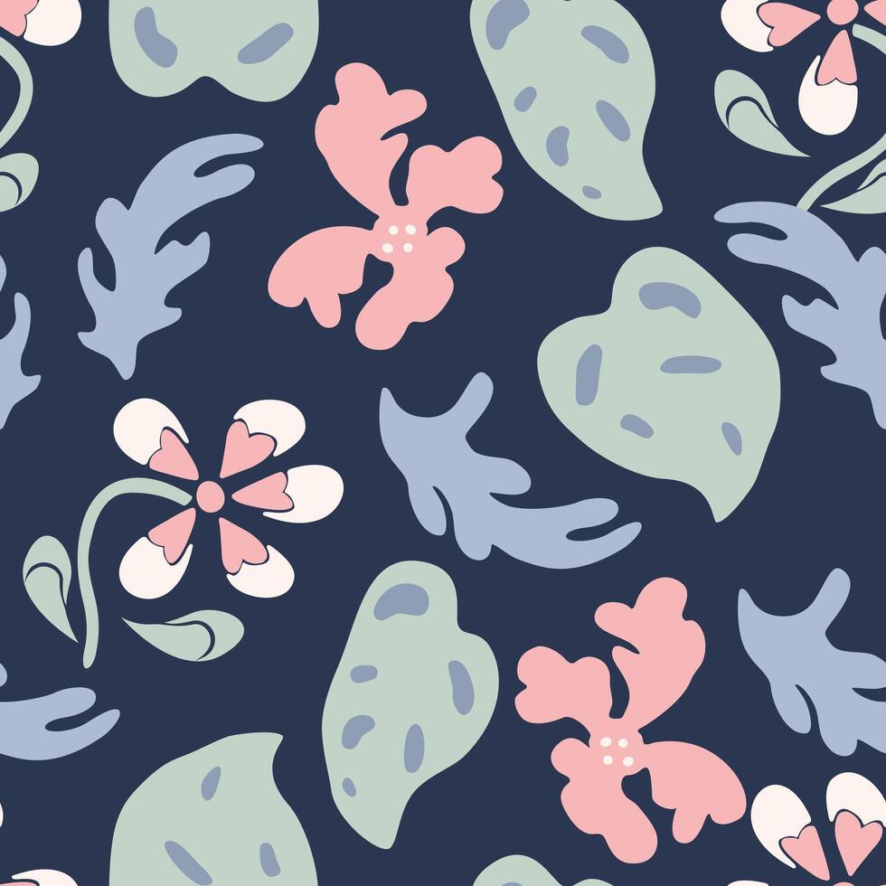Hand drawn funky floral and leaf pattern, Playful stylized flower seamless design for fabric, digital paper vector