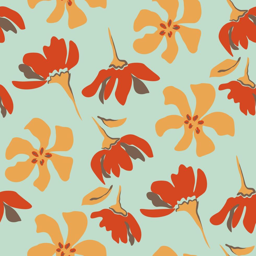 Whimsical stylized floral pattern, Seamless design with hand drawn groovy flowers for textile, home decor vector
