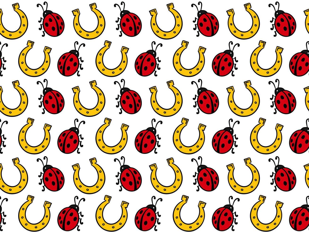 Seamless pattern with red ladybugs and golden horseshoes on white background. Ideal for lucky charm designs, greeting cards, gift wrap, or textile prints. vector