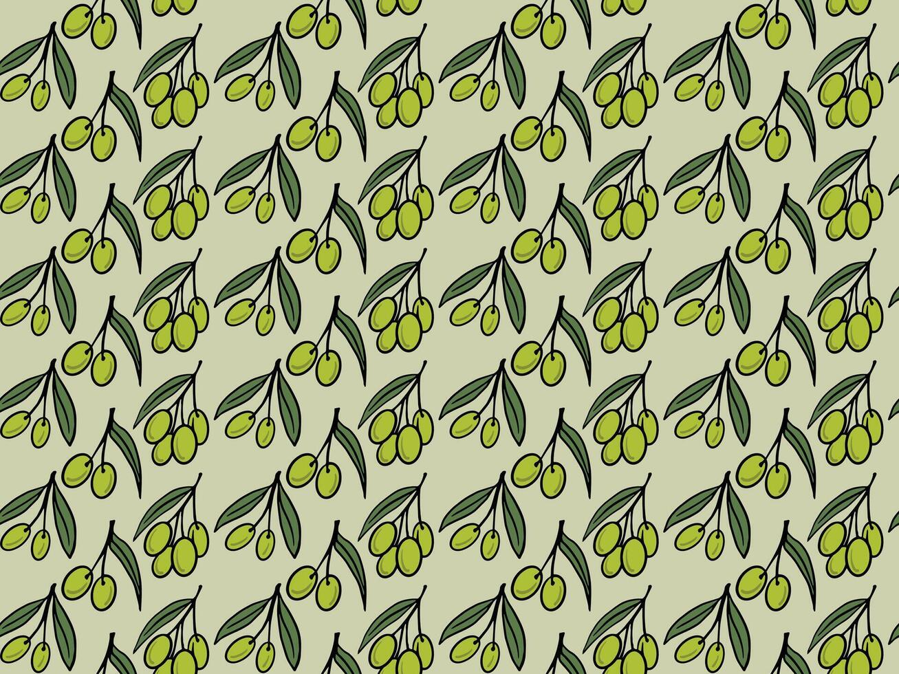 Hand drawn seamless pattern featuring green olive tree branches on a white background. Perfect for natural cosmetics, olive oil labels, packaging, and wrapping paper. vector