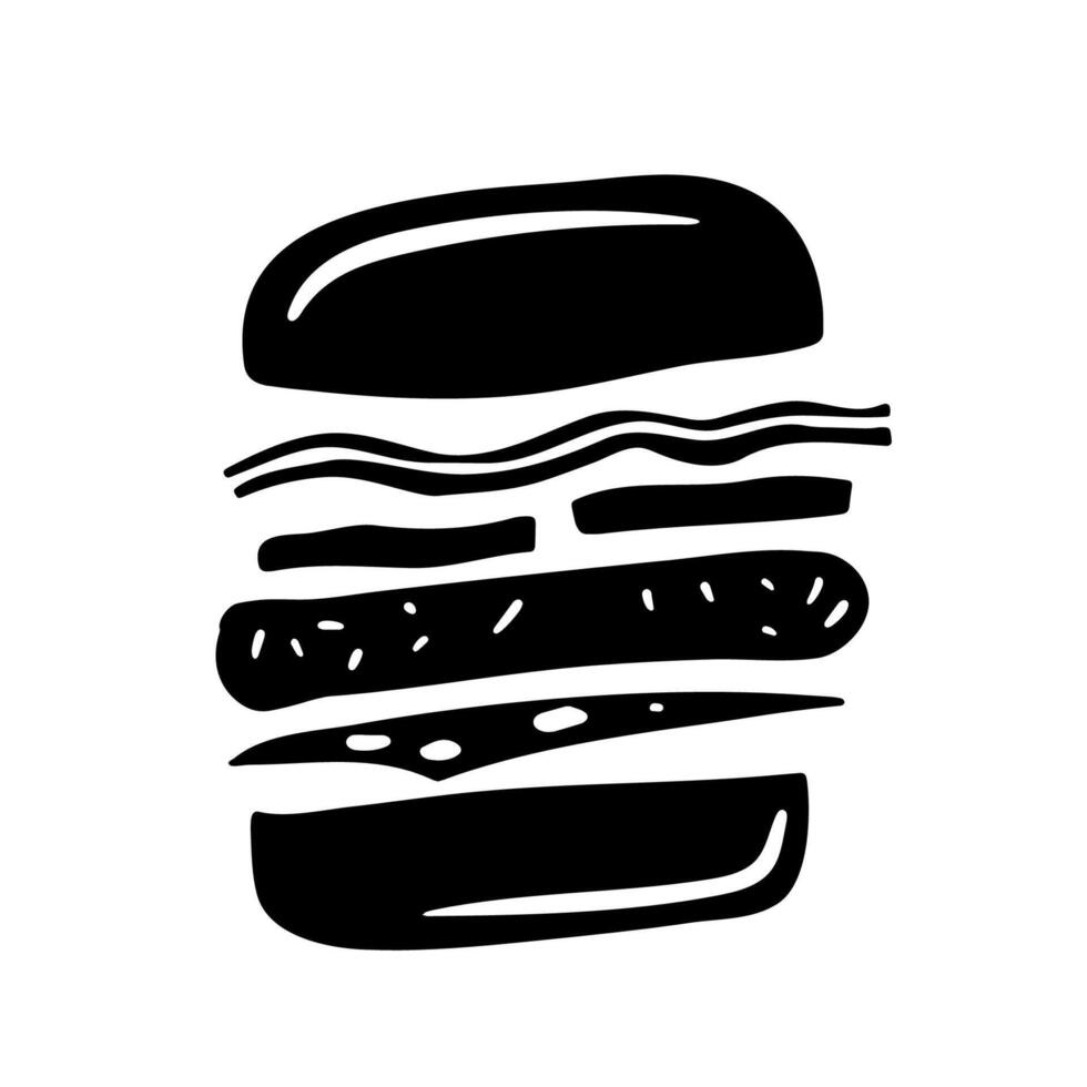 stylized silhouette of burger with bacon, cheese, tomatoes, cutlet for sandwich branding, food, logos, icons, menu, packaging, social media design. vector