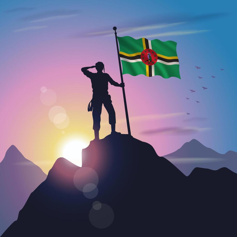 Dominica flag raised on mountain peak with purplish yellow sunset background vector