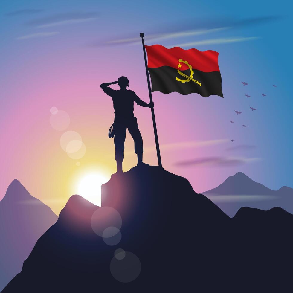 Angola flag raised on mountain peak with purplish yellow sunset background vector