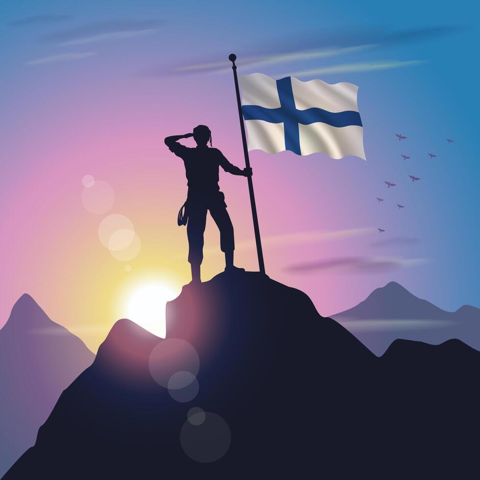 Finland flag raised on mountain peak with purplish yellow sunset background vector
