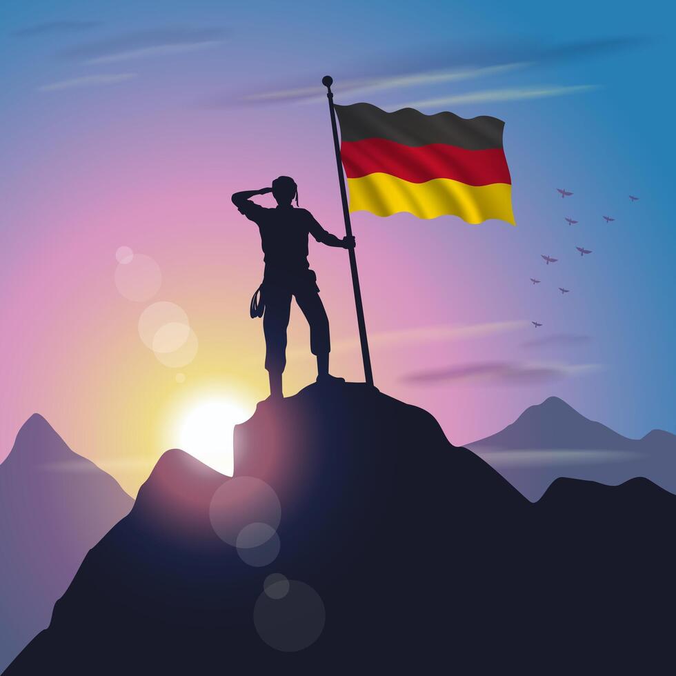 Germany flag raised on mountain peak with purplish yellow sunset background vector