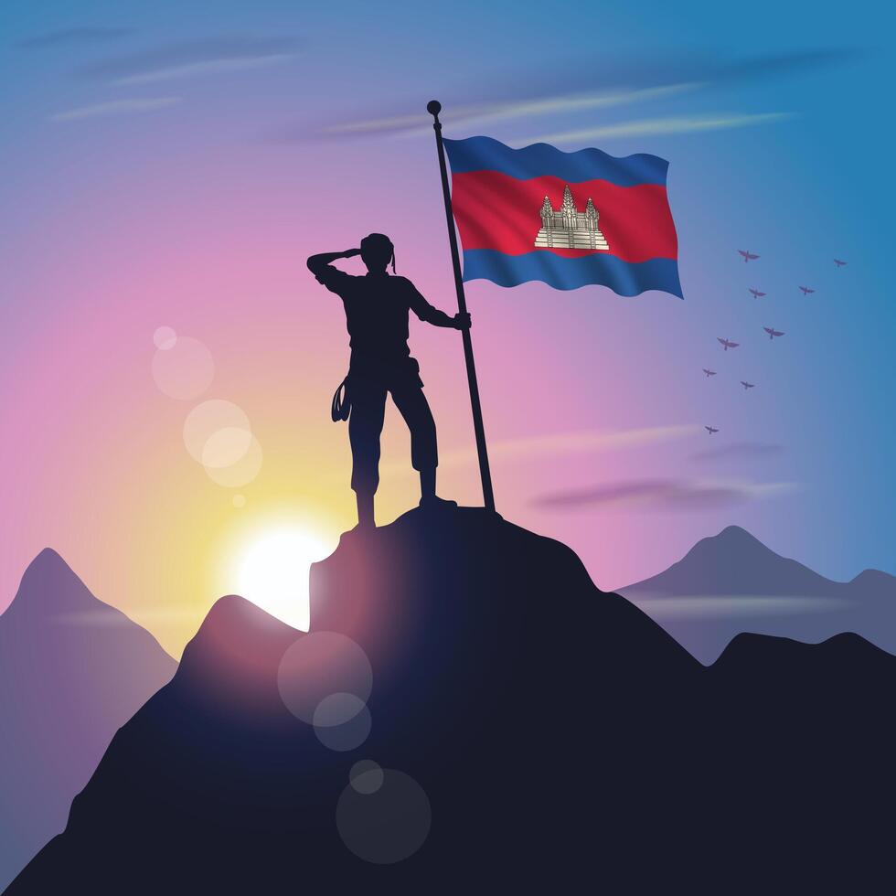 Cambodia flag raised on mountain peak with purplish yellow sunset background vector