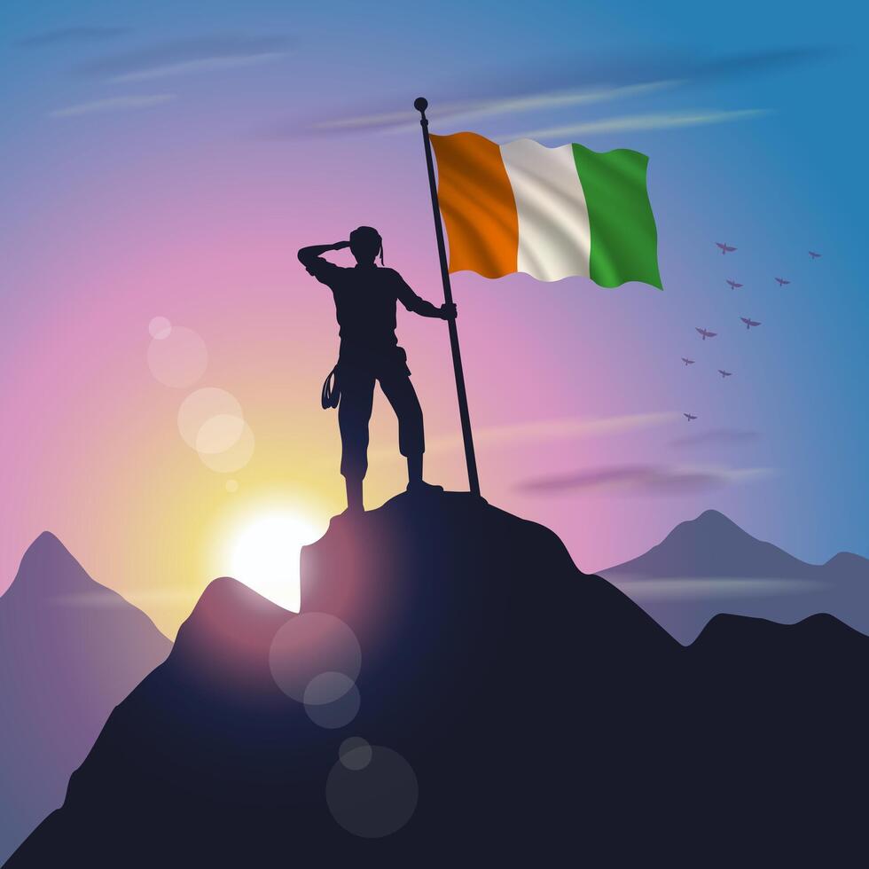 Cote D'Ivoire flag raised on mountain peak with purplish yellow sunset background vector
