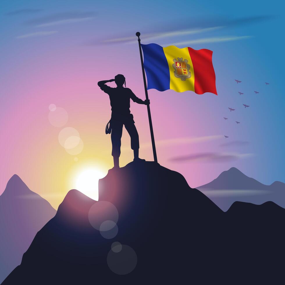 Andorra flag raised on mountain peak with purplish yellow sunset background vector