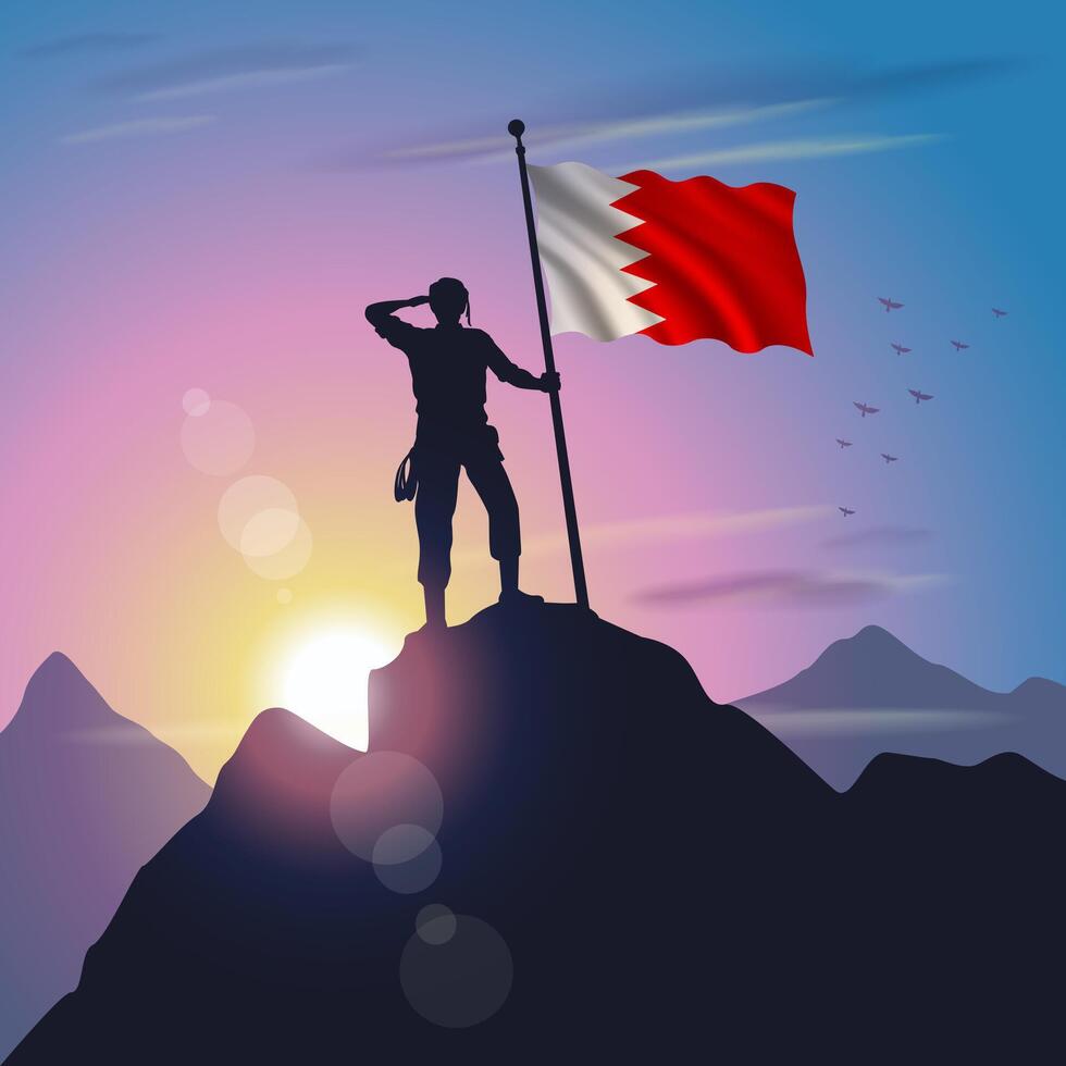 Bahrain flag raised on mountain peak with purplish yellow sunset background vector