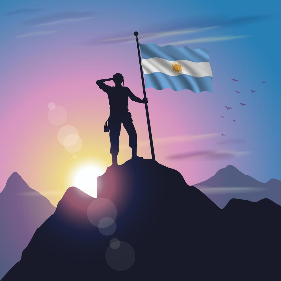 Argentina flag raised on mountain peak with purplish yellow sunset background vector